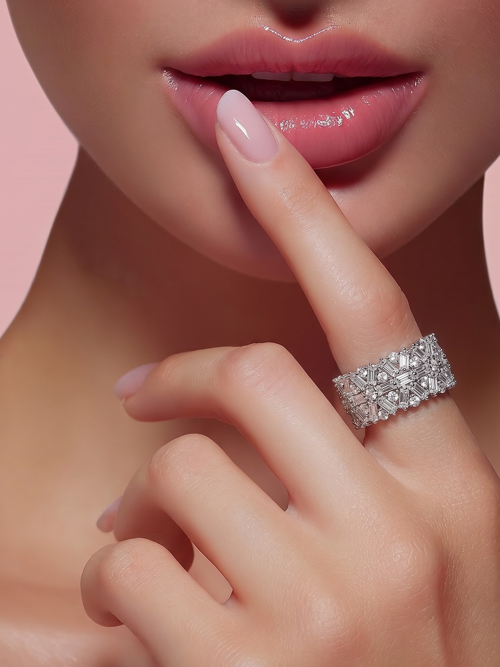 Elegant Silver Crystal Wide Band Ring - Women's Jewelry 14KT Plated
